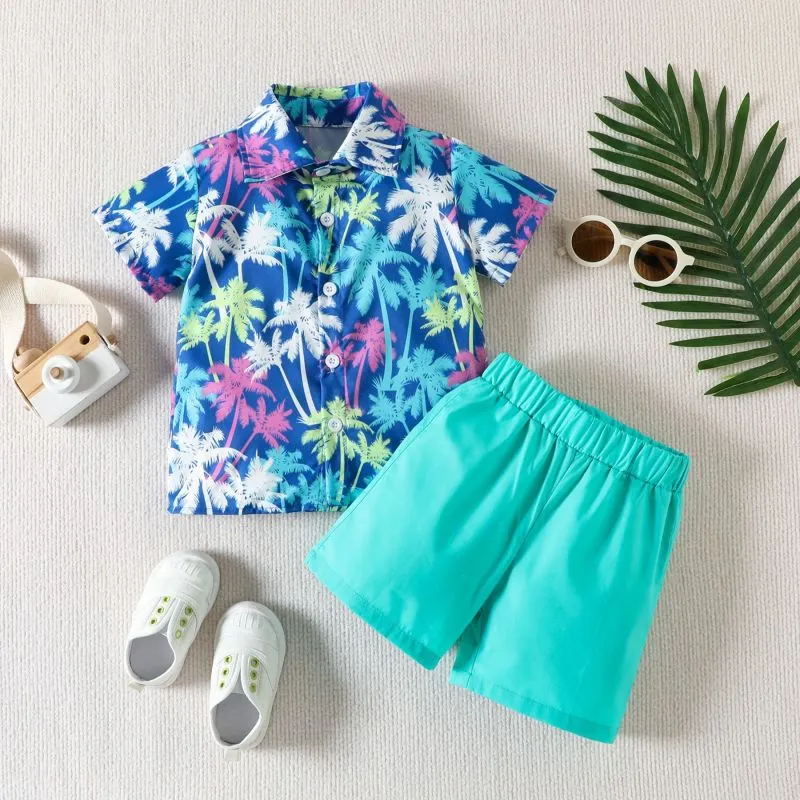 Toddlers Newborn Baby Fashion Boys Short Sleeve Coconut Tree Print Shirt And Shorts 2pcs Set Cotton