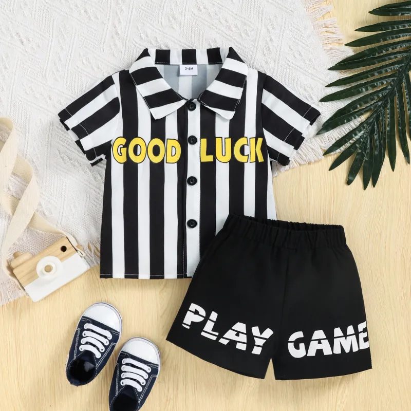 Toddlers Newborn Baby Boys Short Sleeve Stripe Print Shirt And Shorts 2pcs Set
