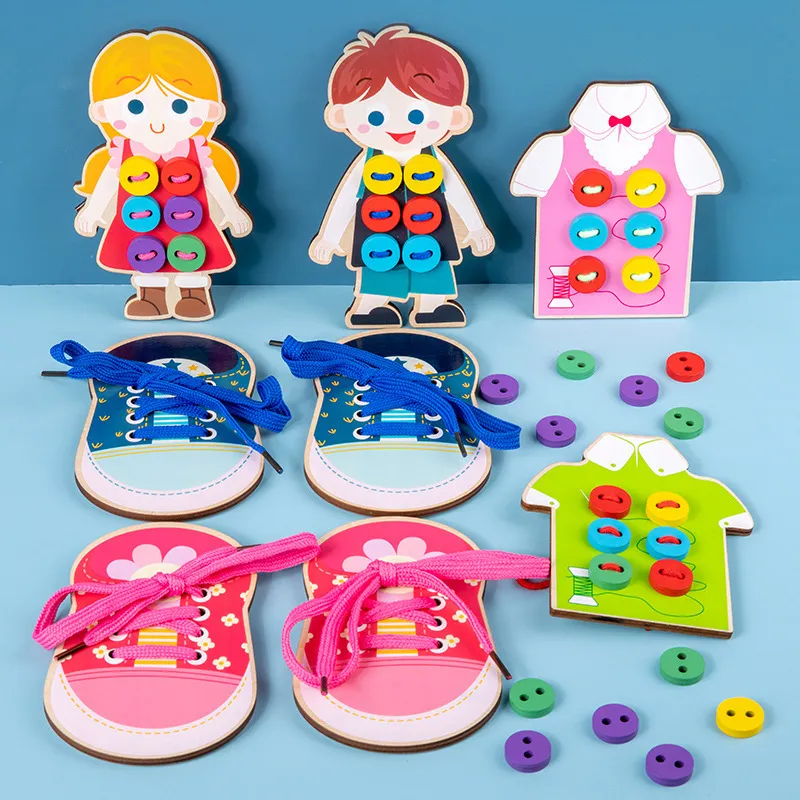 Children Kids Baby Fashion Wooden Shoelaces Sewing Buttons Early Education Educational Threading Toys