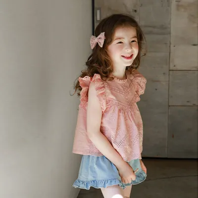 Girls Baby Ruffle Sleeveless Hollow T-Shirt Solid Color Cotton Casual Top