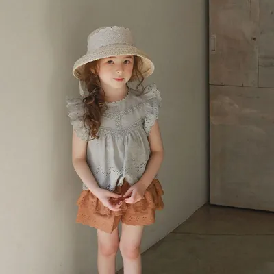 Girls Baby Ruffle Sleeveless Hollow T-Shirt Solid Color Cotton Casual Top