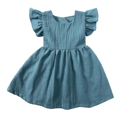 Children Kids Baby Fashion Girls Ruffle Sleeve Solid Color Bowknot Princess Dress