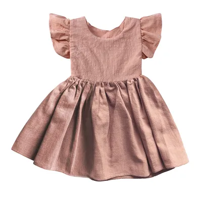 Children Kids Baby Fashion Girls Ruffle Sleeve Solid Color Bowknot Princess Dress