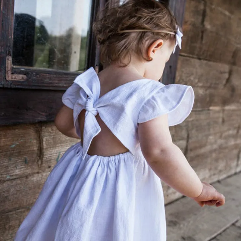 Children Kids Baby Fashion Girls Ruffle Sleeve Solid Color Bowknot Princess Dress