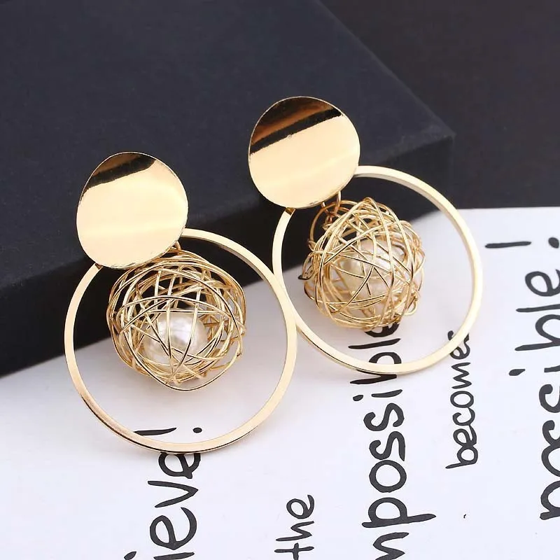Women Fashion Hollow Gold Ball Imitation Pearl Metal Dangle Earrings