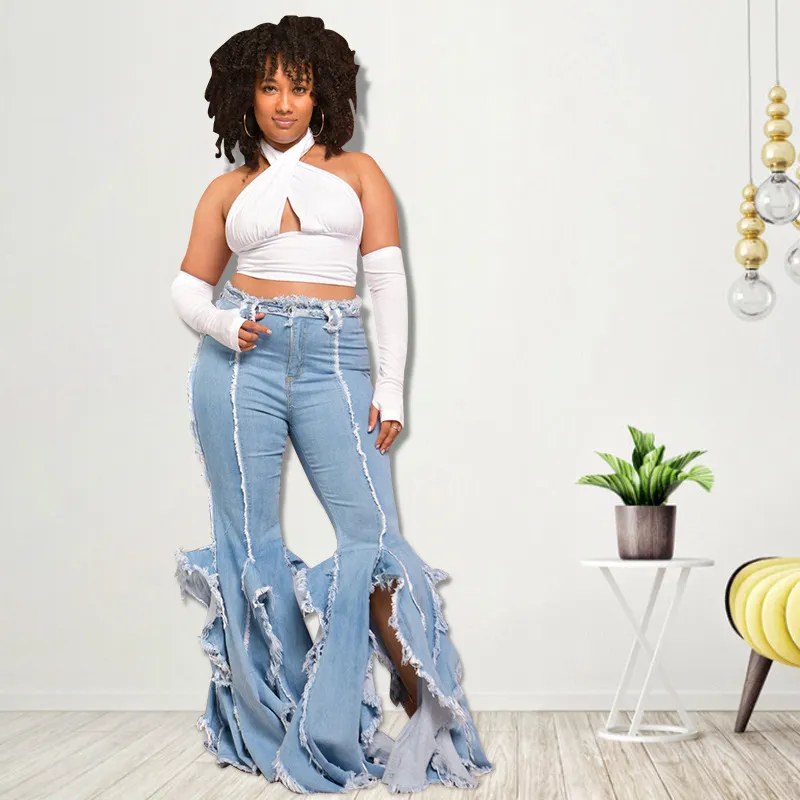 Women's Fashion Casual Ripped Raw Hem Flared Jeans
