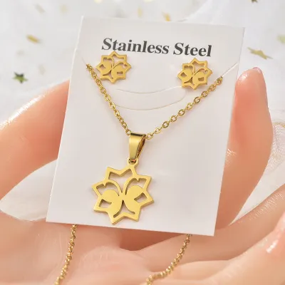 Women's Fashion Titanium Steel Irregular Pattern Butterfly Elephant Necklace Earrings Set