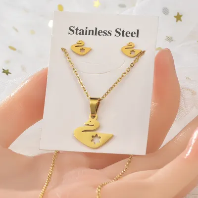 Women's Fashion Titanium Steel Irregular Pattern Butterfly Elephant Necklace Earrings Set