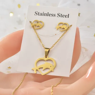 Women's Fashion Titanium Steel Irregular Pattern Butterfly Elephant Necklace Earrings Set