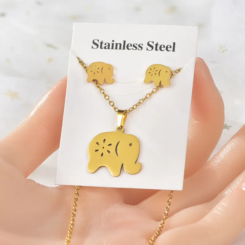 Women's Fashion Titanium Steel Irregular Pattern Butterfly Elephant Necklace Earrings Set