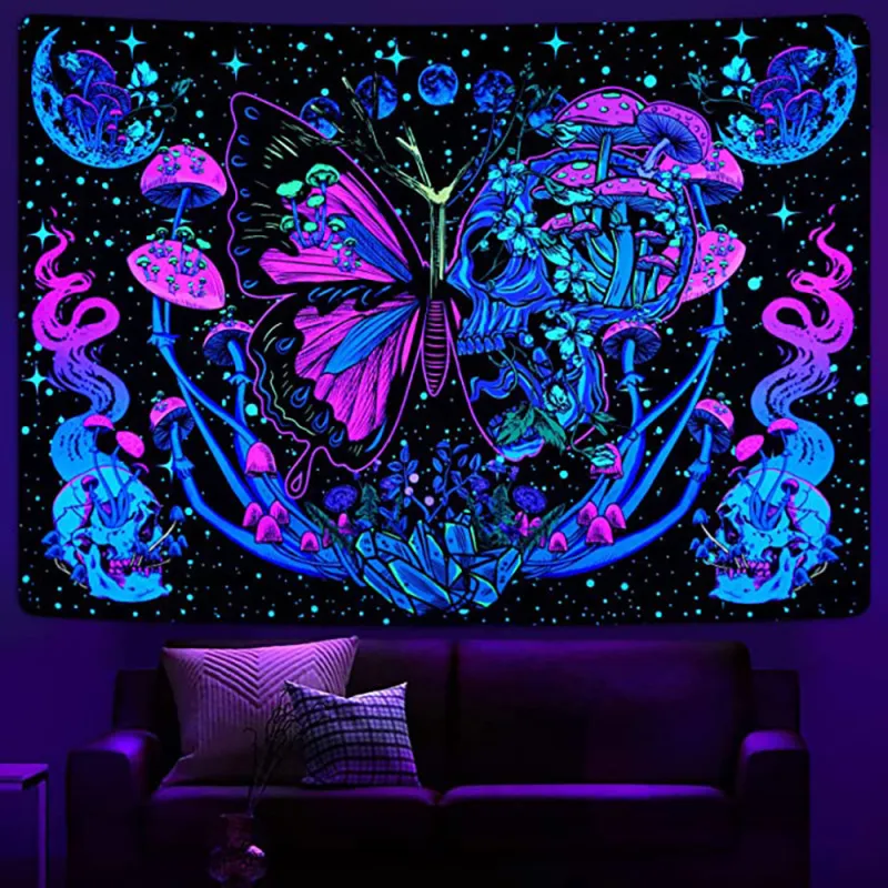 Uv Fluorescent Skull Butterfly Decorative Home Background Hanging Tapestry