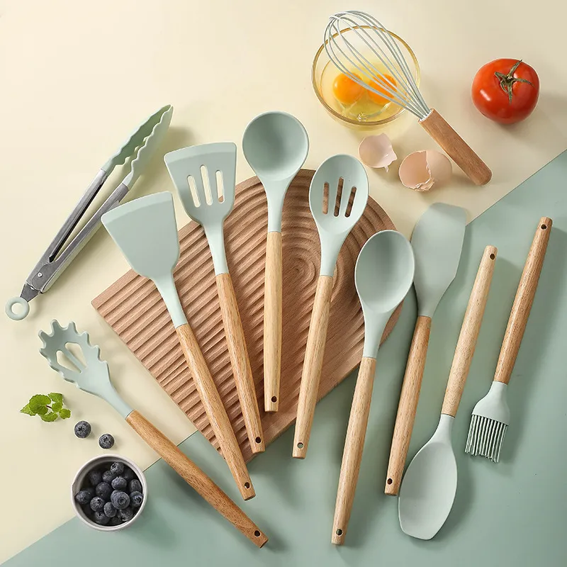 Silicone Kitchenware Set with Light Wooden Handle 12-Piece Non-Stick Spatula Spoon Set