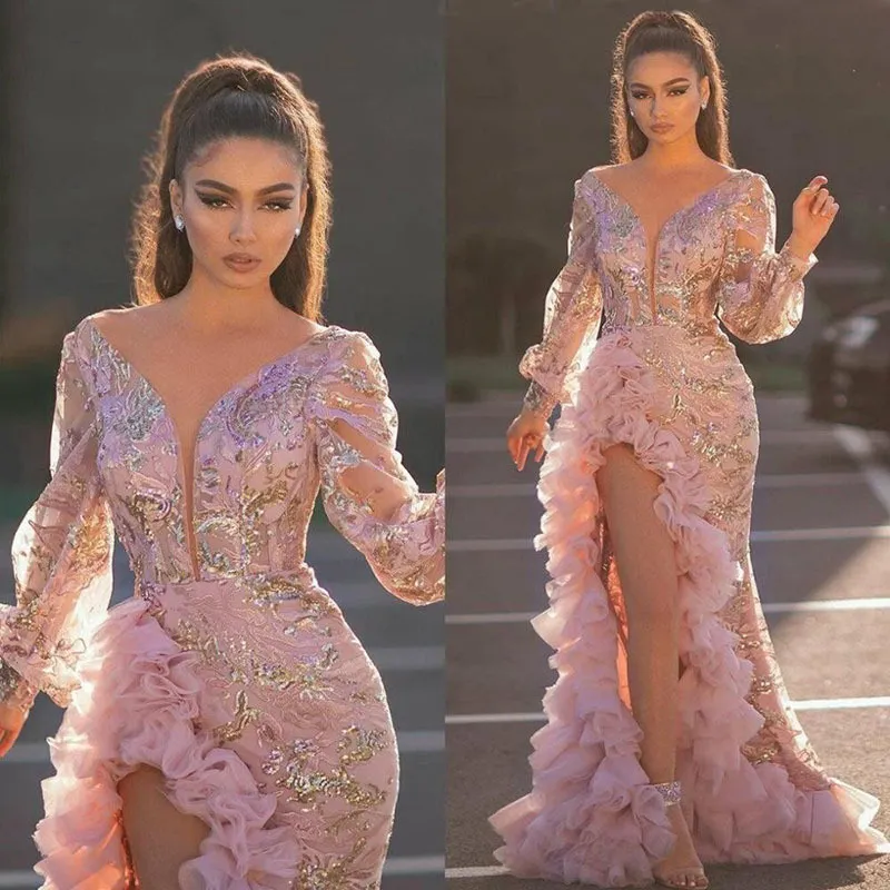 Women Sexy High Slit Trailing Sequins Pink Long Mesh Evening Dress