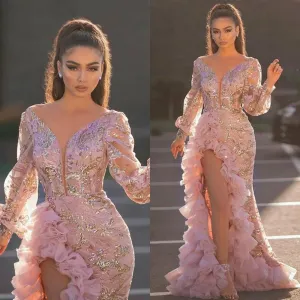 Women Sexy High Slit Trailing Sequins Pink Long Mesh Evening Dress