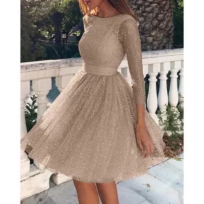 Women's Long Sleeve High Waist Cocktail Evening Dress in Tussah Silk Blend