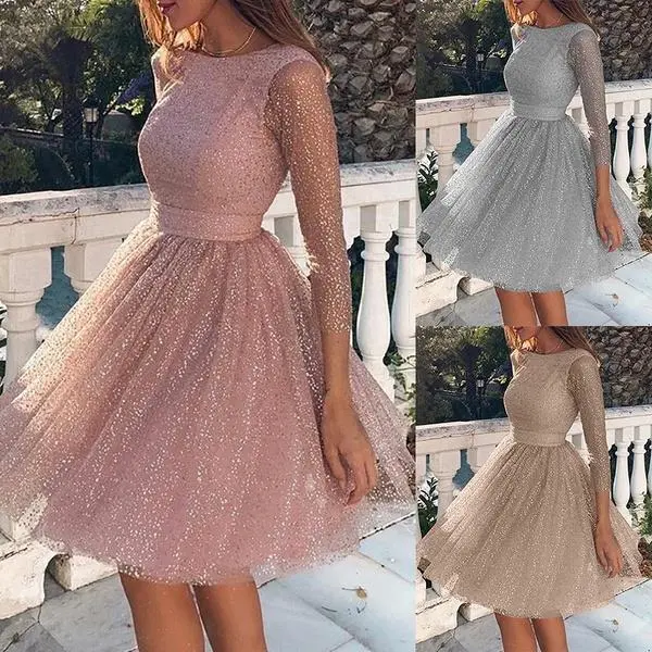 Women's Long Sleeve High Waist Cocktail Evening Dress in Tussah Silk Blend
