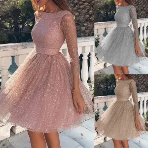 Women's Long Sleeve High Waist Cocktail Evening Dress in Tussah Silk Blend