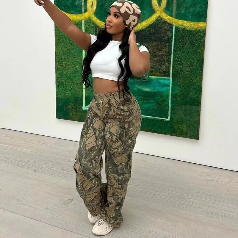 Women Fashion Casual Camouflage Printed Street Cargo Pants