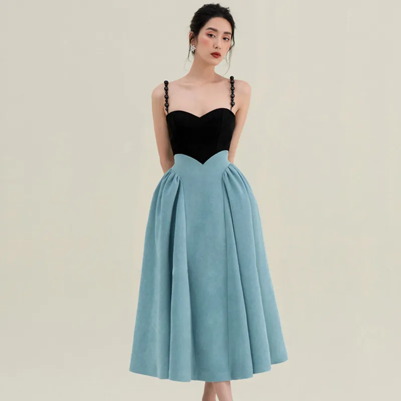 Women'S Retro Temperament Patchwork Defined Waist Slip Evening Dress