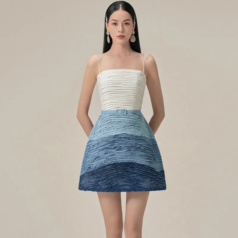 Women'S Fashion Temperament Denim Gradient Suspenders Tube Evening Dress