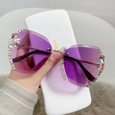 Women Fashion Frameless Polygonal Diamond-Studded Floral Sunglasses