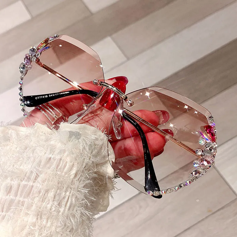 Women Fashion Frameless Polygonal Diamond-Studded Floral Sunglasses