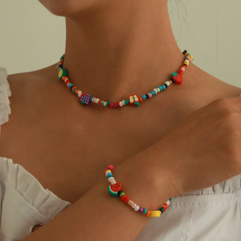 Women Fashion Multicolor Beads Apple Strawberry Grape Watermelon Fruit Design Necklace Bracelet Jewelry Set
