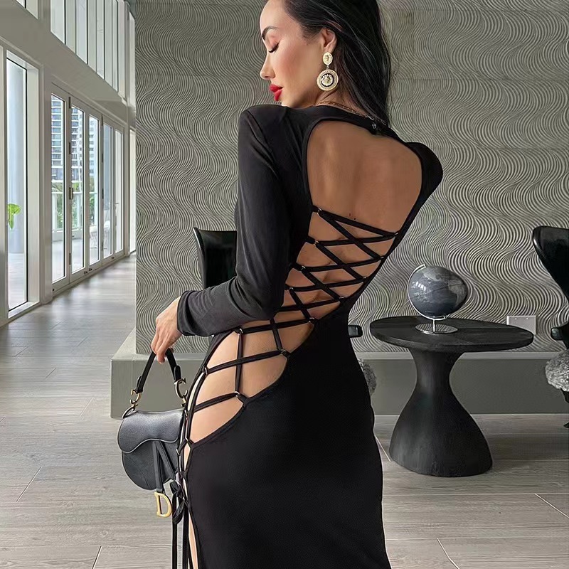 Ribbed Tie Detail Backless Bodycon Dress - Black