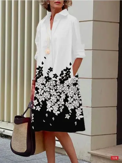 Women's Casual Geometric Print Lapel Single-Breasted Long Sleeve Dress