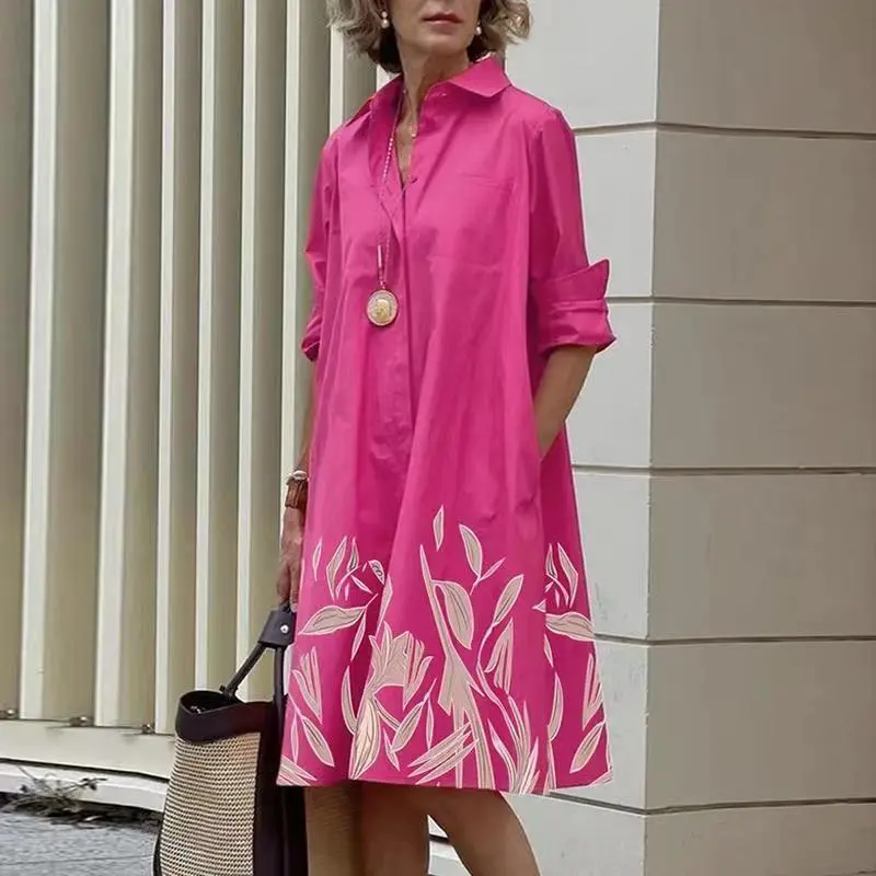 Women's Casual Geometric Print Lapel Single-Breasted Long Sleeve Dress
