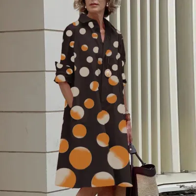 Women's Casual Geometric Print Lapel Single-Breasted Long Sleeve Dress