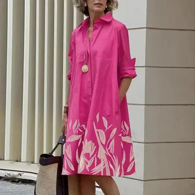 Women's Casual Geometric Print Lapel Single-Breasted Long Sleeve Dress