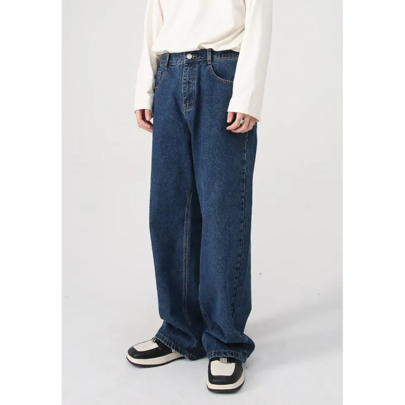 Men's Simple Straight Leg Loose Jeans Cotton Denim Middle Waist
