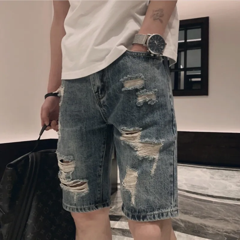 Men's Casual Broken Copper Denim Shorts Low Waist Straight Leg