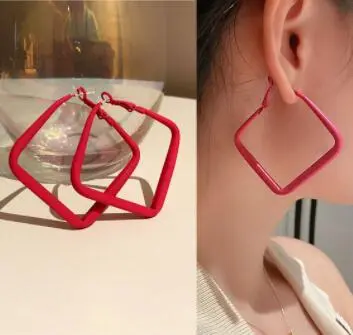 Women Vintage Exaggerated Square Matte Metal Hoop Earrings