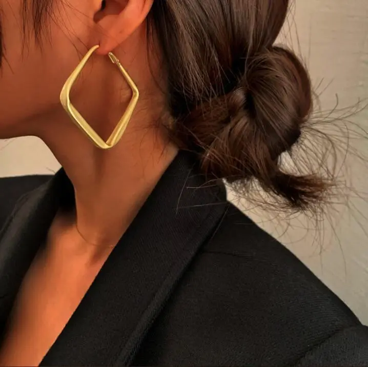 Women Vintage Exaggerated Square Matte Metal Hoop Earrings