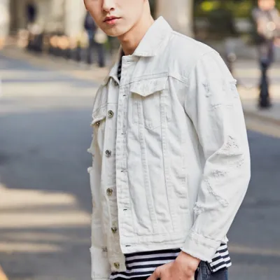 Men's Fashion Solid Color Loose Ripped Cotton Denim Jacket Lapel Collar Long Sleeve