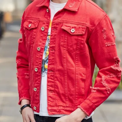 Men's Fashion Solid Color Loose Ripped Cotton Denim Jacket Lapel Collar Long Sleeve