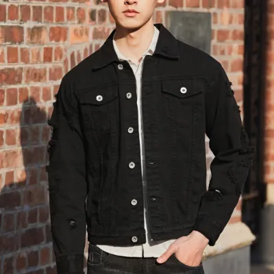 Men's Fashion Solid Color Loose Ripped Cotton Denim Jacket Lapel Collar Long Sleeve