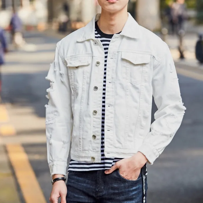 Men's Fashion Solid Color Loose Ripped Cotton Denim Jacket Lapel Collar Long Sleeve