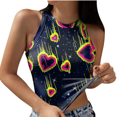 Women Summer Sexy Round Neck Slim Fit Sleeveless Lip Heart Printed Tank Top