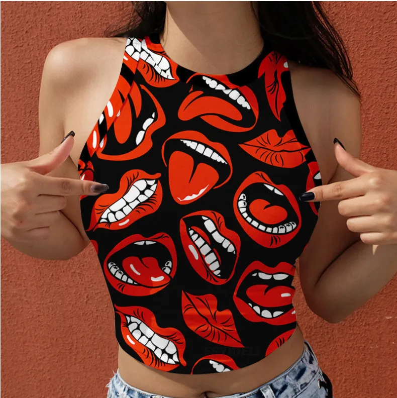 Women Summer Sexy Round Neck Slim Fit Sleeveless Lip Heart Printed Tank Top