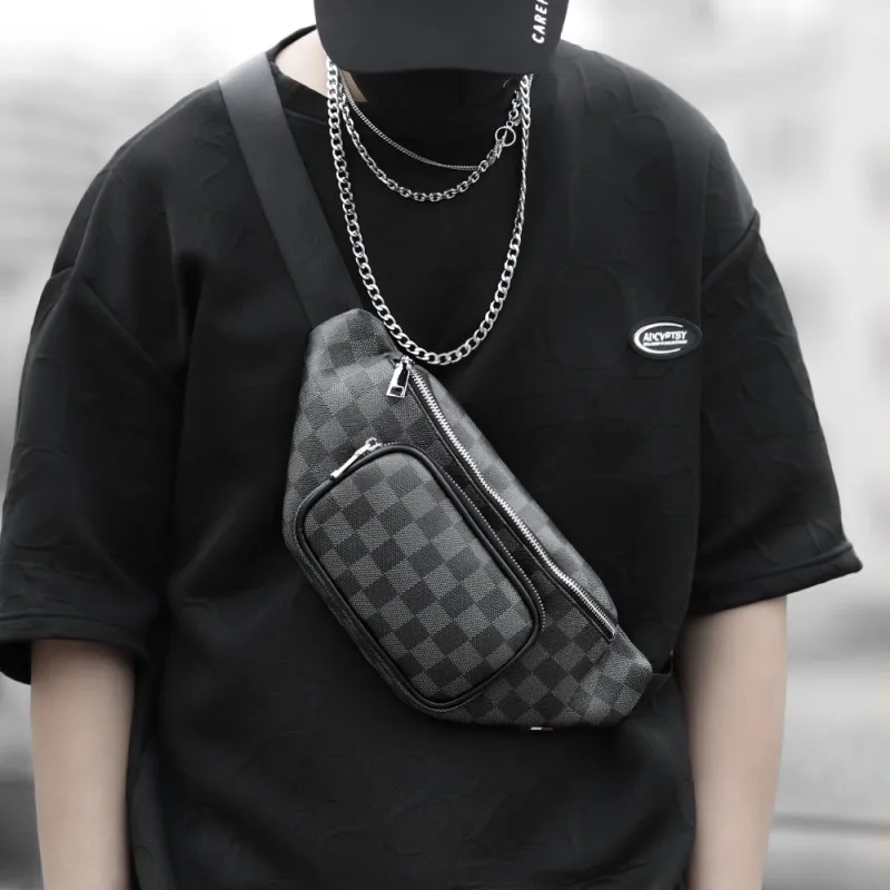 Men'S Casual Plaid Pu Multifunctional Chest Bag