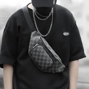 Men'S Casual Plaid Pu Multifunctional Chest Bag