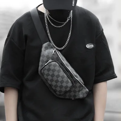 Men'S Casual Plaid Pu Multifunctional Chest Bag