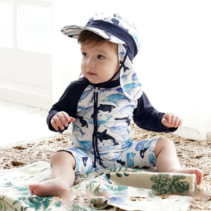 Children Kids Baby Fashion Boys Long Sleeve Cartoon Sharks Print Polyester Swimsuit