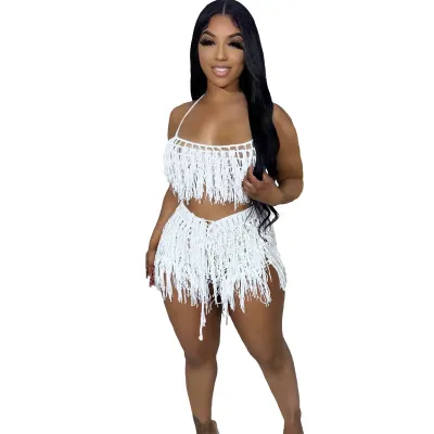 Women Fashion Solid Color Knit Hand Hook Tassel Top And Shorts 2PCS Set