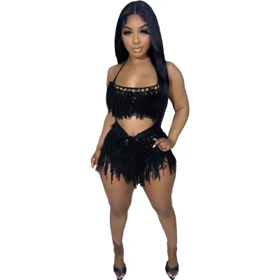 Women Fashion Solid Color Knit Hand Hook Tassel Top And Shorts 2PCS Set
