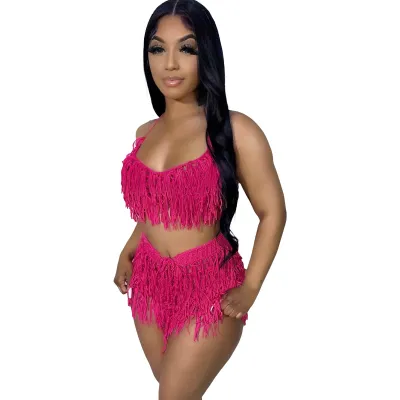 Women Fashion Solid Color Knit Hand Hook Tassel Top And Shorts 2PCS Set