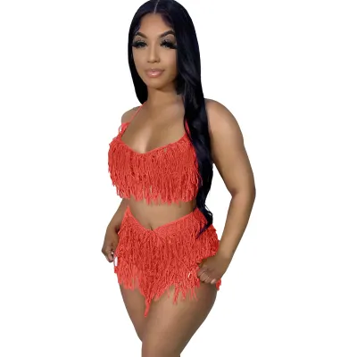 Women Fashion Solid Color Knit Hand Hook Tassel Top And Shorts 2PCS Set